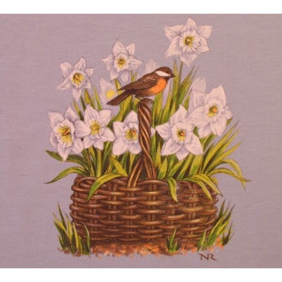 Northern Reflections XS Misty Blue T-Shirt Daffodils Robin Basket NOS w/Tag - Picture 2 of 3